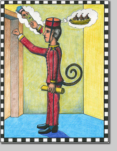 david nelson, giclee, cartoon, colored pencil, knocking, bellboy, monkey