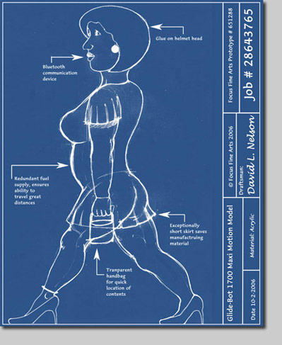 david nelson, giclee, cartoon, drafting, design, robot, fembot