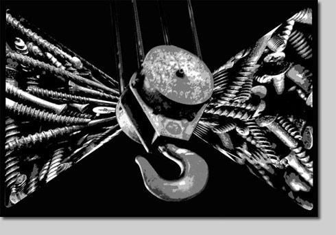 david l. nelson, artist, art print, giclee, crane, metal, abstract, photographic montage, montage, hook